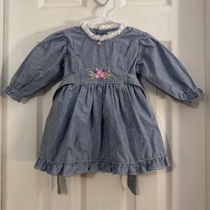 Vintage Eclipse Baby Girl Blue Chambray Dress with Pink Floral Embroidery Ruffle